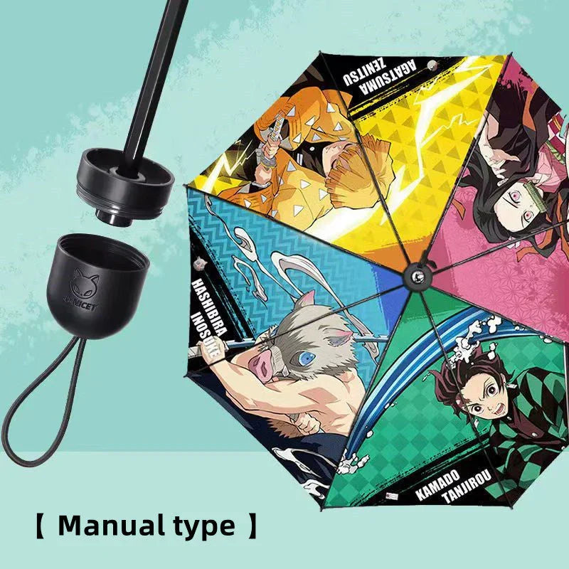 Demon Slayer Anime Folding Umbrella, Tanjiro Nezuko Zenitsu Inosuke Print Portable Compact Travel Umbrella, Sun Rain Protection Windproof Manual Umbrella with Metal Handle, Demon Slayer Fan Merch Gift