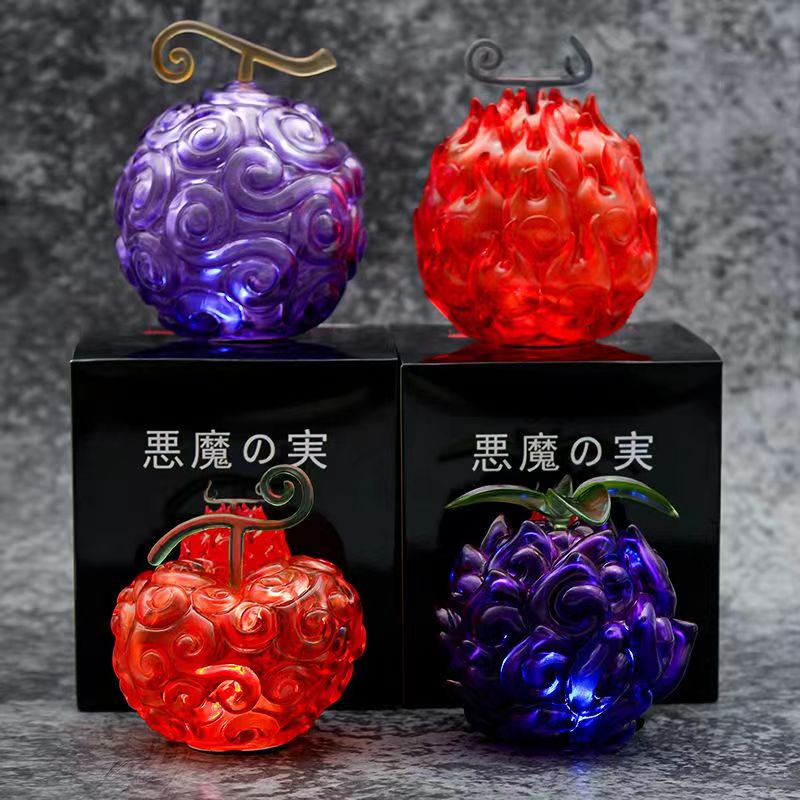 One Piece Devil Fruit Figurine with LED Light, Gum-Gum Fruit & Flame-Flame Fruit Luminous Statue, Transparent Devil Fruit Anime Ornament, Desktop Display Collectible Model, Gift for One Piece Fans