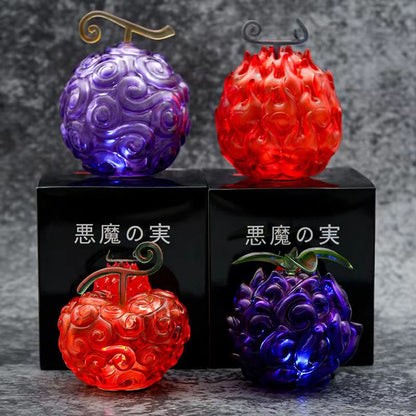 One Piece Devil Fruit Figurine with LED Light, Gum-Gum Fruit & Flame-Flame Fruit Luminous Statue, Transparent Devil Fruit Anime Ornament, Desktop Display Collectible Model, Gift for One Piece Fans