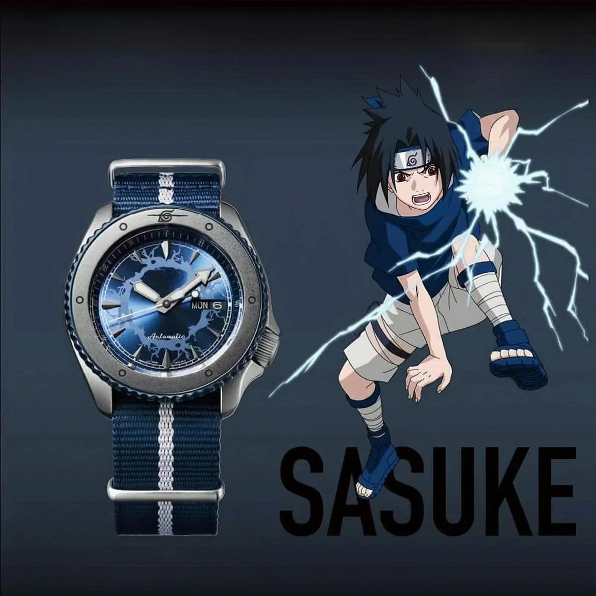 Naruto Uchiha Sasuke Automatic Wrist Watch, Anime Sasuke Chidori Themed Analog Watch, Blue Nylon Strap Sports Wristwatch, Anime Collectible Cosplay Accessory Gift for Naruto Fans