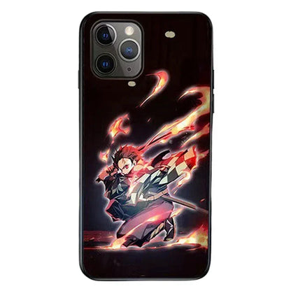 Demon Slayer LED Light Up Phone Case, Anime Tanjiro Shinobu Luminous Tempered Glass Back Cover, Flash Light Glowing Case for iPhone, Shockproof Protective Anime Phone Shell