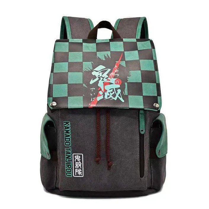 Demon Slayer Anime Flap Drawstring Backpack, Tanjiro Nezuko Zenitsu Inosuke Printed Rucksack, Large Capacity Canvas School Bookbag, Casual Travel Daypack, Anime Fan Gift Backpack