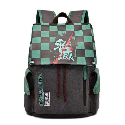 Demon Slayer Anime Flap Drawstring Backpack, Tanjiro Nezuko Zenitsu Inosuke Printed Rucksack, Large Capacity Canvas School Bookbag, Casual Travel Daypack, Anime Fan Gift Backpack