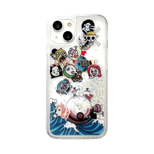 One Piece Anime Liquid Floating Phone Case for iPhone, Thousand Sunny Moving 3D Pirate Ship Clear Quicksand Case, Luffy Crew Characters Transparent Shockproof Protective Cover, Anime Fan Cute Phone Shell Gift