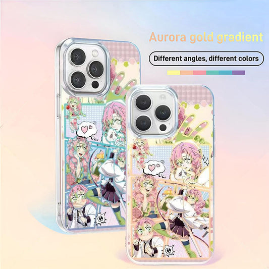 Demon Slayer Kanroji Mitsuri Aurora Holographic Gradient Phone Case Shockproof Air‑Bag Protective Anime Manga Collage Cover For Iphone