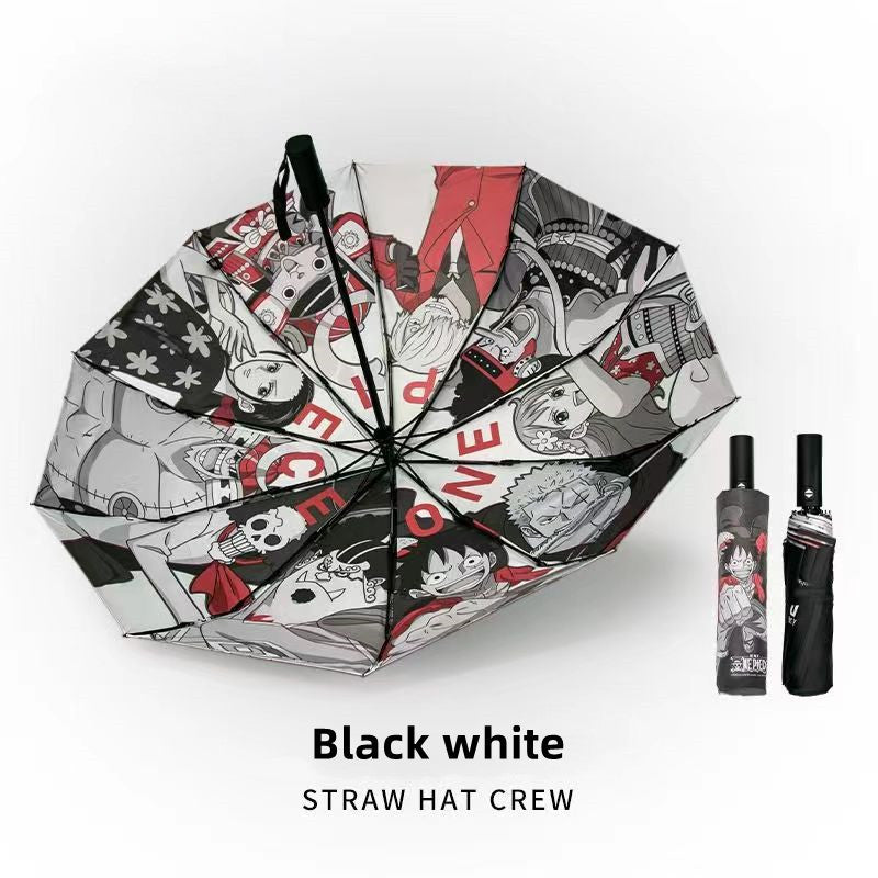 One Piece Anime Folding Umbrella, Luffy Straw Hat Crew Print Sun Rain Umbrella, Inner Cartoon Pattern Portable Auto Open Close Umbrella, UV Protection Parasol, Anime Merch Gift for One Piece Fans