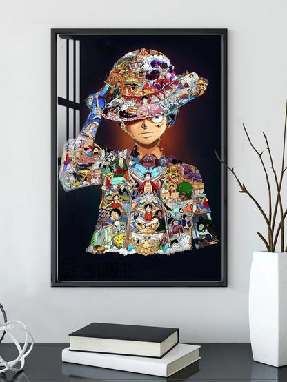 One Piece Luffy Collage LED Wall Art Decor, Anime Monkey D Luffy Wooden Cutout Backlit Wall Sign, Colorful Mosaic Character Collage Artwork, Anime Bedroom Wall Hanging Decoration, One Piece Fan Collectible Gift