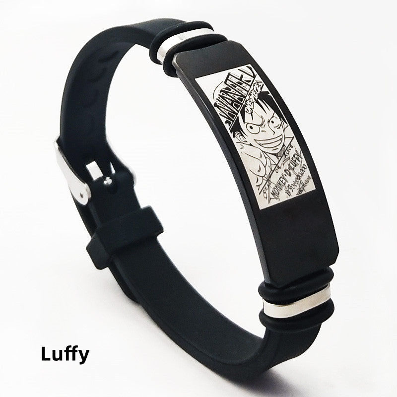 One Piece Anime Bracelet, Wanted Poster Engraved Silicone Wristband, Adjustable Stainless Steel Tag Bracelet, Luffy Zoro Ace Sabo Nami Sanji Chopper Cosplay Jewelry Gift for One Piece Fans