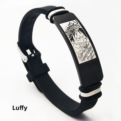 One Piece Anime Bracelet, Wanted Poster Engraved Silicone Wristband, Adjustable Stainless Steel Tag Bracelet, Luffy Zoro Ace Sabo Nami Sanji Chopper Cosplay Jewelry Gift for One Piece Fans