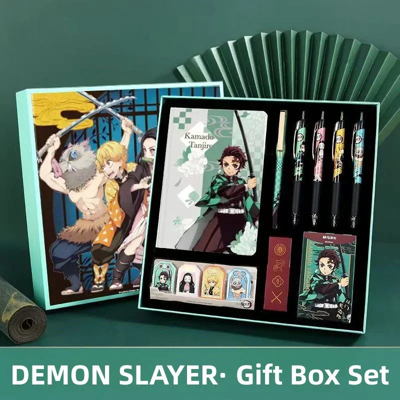 Demon Slayer Stationery Gift Box Set, Anime Tanjiro Hardcover Notebook, Gel Pens, Stickers, Acrylic Keychain, Complete School Supplies Collection Kit, Birthday Gift for Students Anime Fans