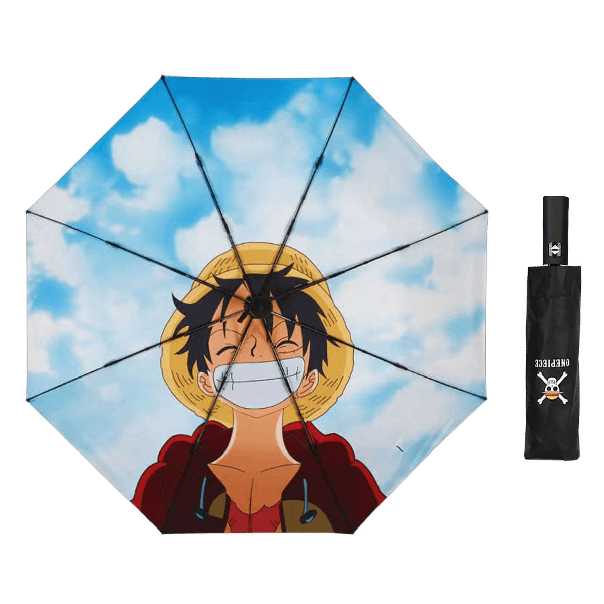 One Piece Anime Folding Umbrella, Luffy Zoro Ace Straw Hat Crew Printed Compact Rain Sun Umbrella, Portable Auto Open Close Parasol, Anime Merch Gift for One Piece Fans