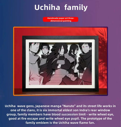 Naruto Uchiha Family 3D Layered Paper Cut Art Frame, Uchiha Clan Group Portrait Paper Carving Shadow Box, Handmade Stratified Anime Wall Painting, Framed Wall Hanging Decor, Collectible Art Gift for Naruto Fans