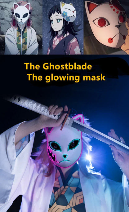 Demon Slayer Anime Cosplay Mask, Inosuke Boar Mask & LED Glowing Cat Fox Mask, Kimetsu no Yaiba Halloween Party Costume Prop, Light Up Anime Mask for Cosplay, Halloween Carnival Dress Up Gift
