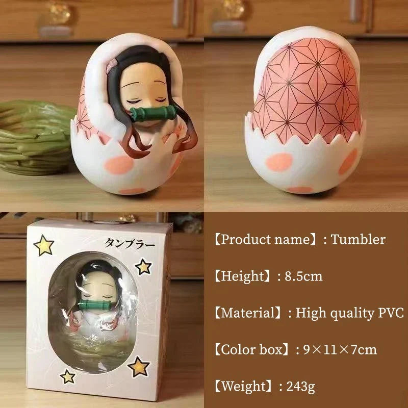 Demon Slayer Eggshell Tumbler Figure, Q Version Tanjiro Nezuko Zenitsu Inosuke Roly-poly Toy, Anime Character Mini Figurine with Nest Base, Desktop Decor Collectible Statue, Demon Slayer Fan Gift