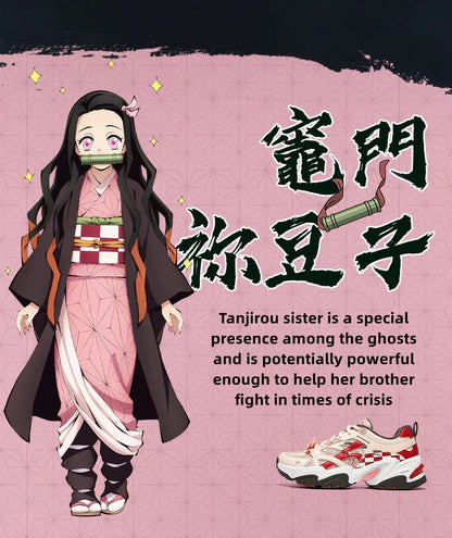 Demon Slayer Nezuko Anime Chunky Sneakers, Pink Red Checkered Unisex Casual Walking Shoes, Kamado Nezuko Themed Streetwear Athletic Footwear, Anime Cosplay Sneaker Gift for Fans