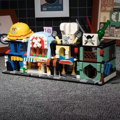 One Piece Street View Building Blocks Set, Anime 4 in 1 Modular Street Shop Model, Interlocking Brick City House Construction Toy, Collectible Display Building Kit, Gift for One Piece Anime Fans & Teenagers