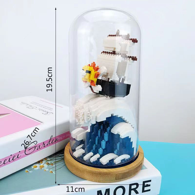 One Piece Thousand Sunny Micro Building Blocks Set, DIY Mini Brick Pirate Ship Model with Glass Dome & LED Light, Wave Scene Display Kit, Collectible Desk Decor Gift for One Piece Fans