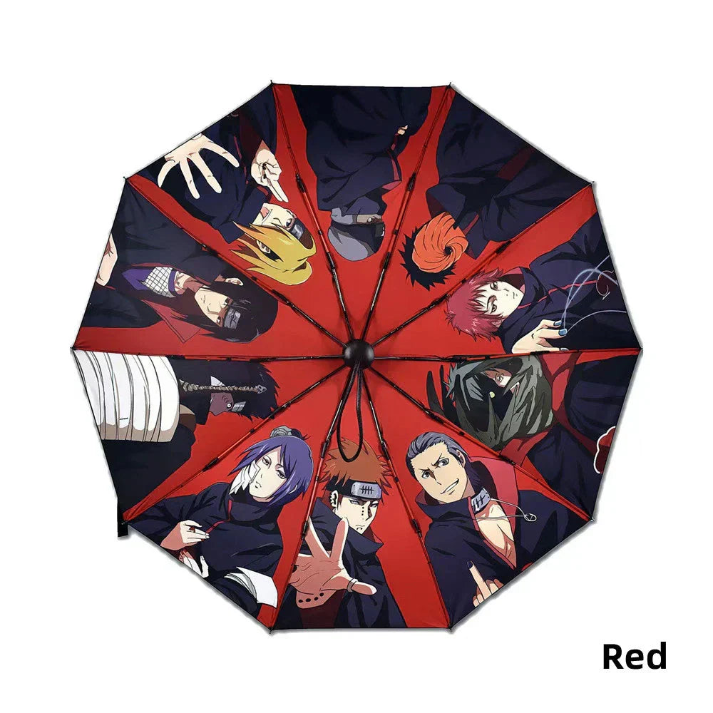 Naruto Anime Folding Umbrella, Akatsuki Red Cloud Pattern Windproof Rain Sun Umbrella, Anti-UV Portable Foldable Parasol, Cosplay Merch Gift for Naruto Fans
