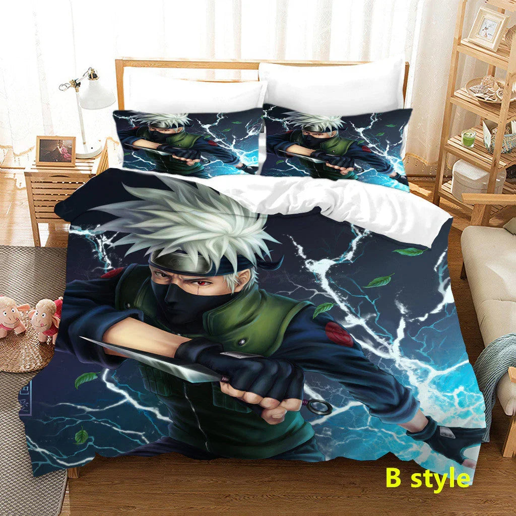 Naruto Anime Bedding Set, 3D Print Duvet Cover with Pillowcases, Akatsuki Red Cloud Comforter Cover Set, Soft Microfiber Bed Sheets, Bedroom Decor Gift for Naruto Fans