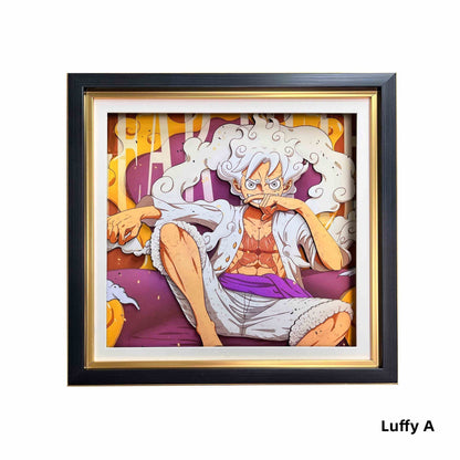 One Piece Monkey D. Luffy Nika Form 3D Paper Carving Art Frame, Anime Handcrafted Layered Paper Cut Wall Art Decor, Framed Anime Poster Desktop Display Painting, Collectible Wall Decoration Gift for One Piece Fans