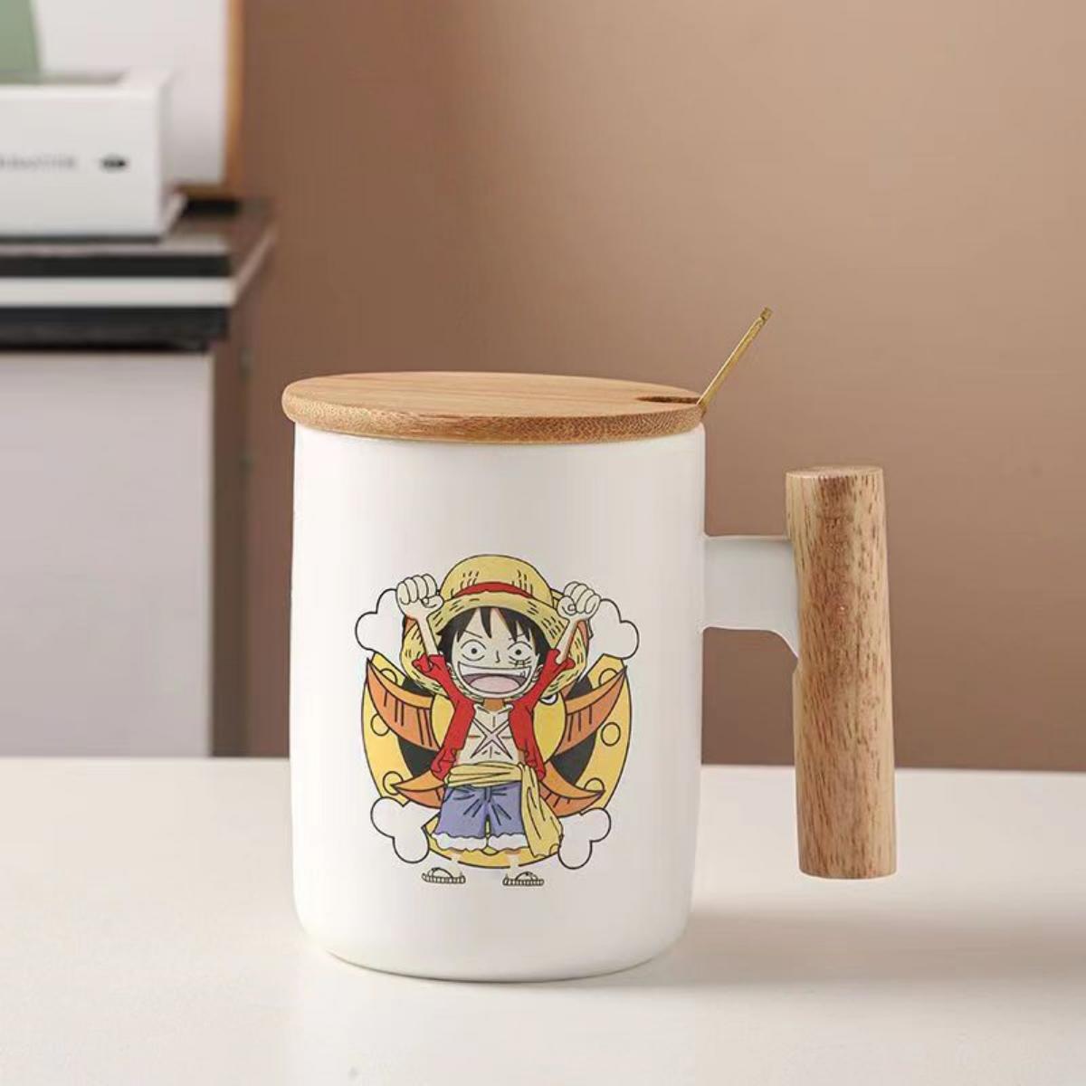 One Piece Anime Ceramic Mug with Wooden Handle, Luffy Chopper Zoro Cartoon Coffee Cup with Bamboo Lid & Spoon, Anime Water Cup Gift Set for One Piece Fans