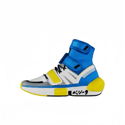 Anime Cosplay High Top Sneakers, Futuristic Techwear Sock Boots, Blue Yellow Color Block Streetwear Shoes, Adjustable Buckle Strap Platform Costume Footwear for Men Women