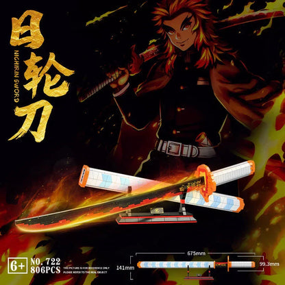 Demon Slayer Nichirin Sword Building Block Set, Rengoku Kyojuro Katana Model with Stand, Anime Samurai Blade Bricks Kit, DIY Assembly Collectible Display Toy Gift for Demon Slayer Fans