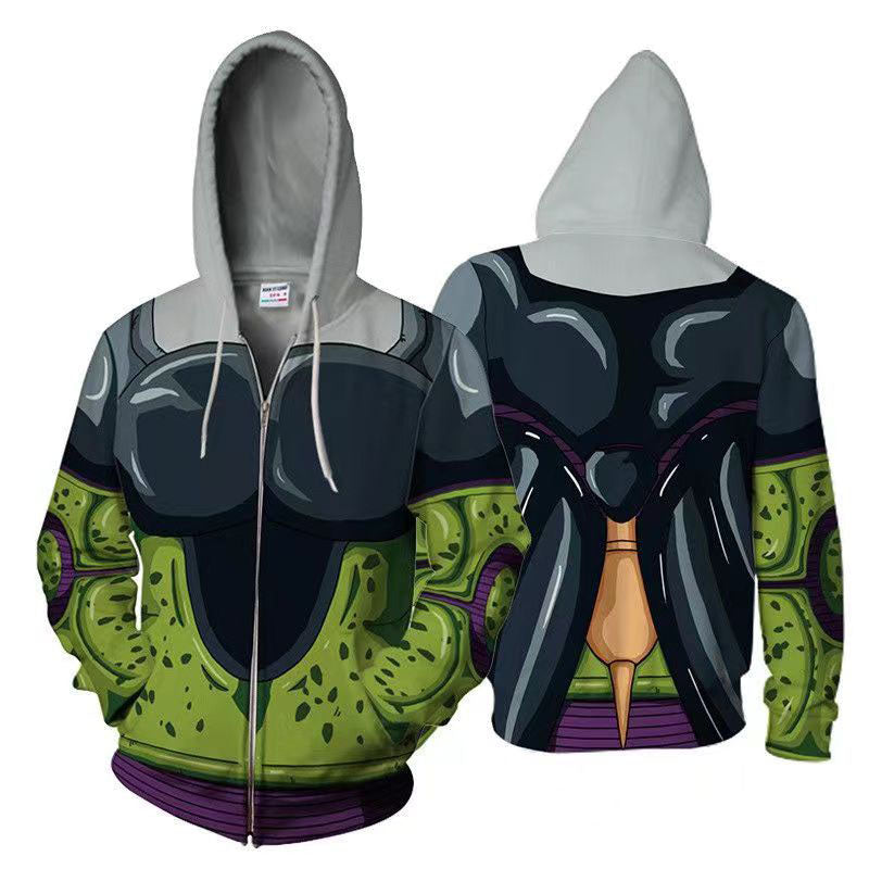 Dragon Ball Z Cell Cosplay Zip Up Hoodie, DBZ Perfect Cell 3D Printed Hooded Sweatshirt Jacket, Anime Dragon Ball Cell Costume Hoodie for Fans