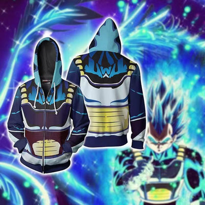 Dragon Ball Z Vegeta Saiyan Armor Cosplay Zip Up Hoodie, DBZ Vegeta Battle Damaged Armor 3D Printed Hooded Sweatshirt Jacket, Anime Dragon Ball Vegeta Costume Hoodie for Fans