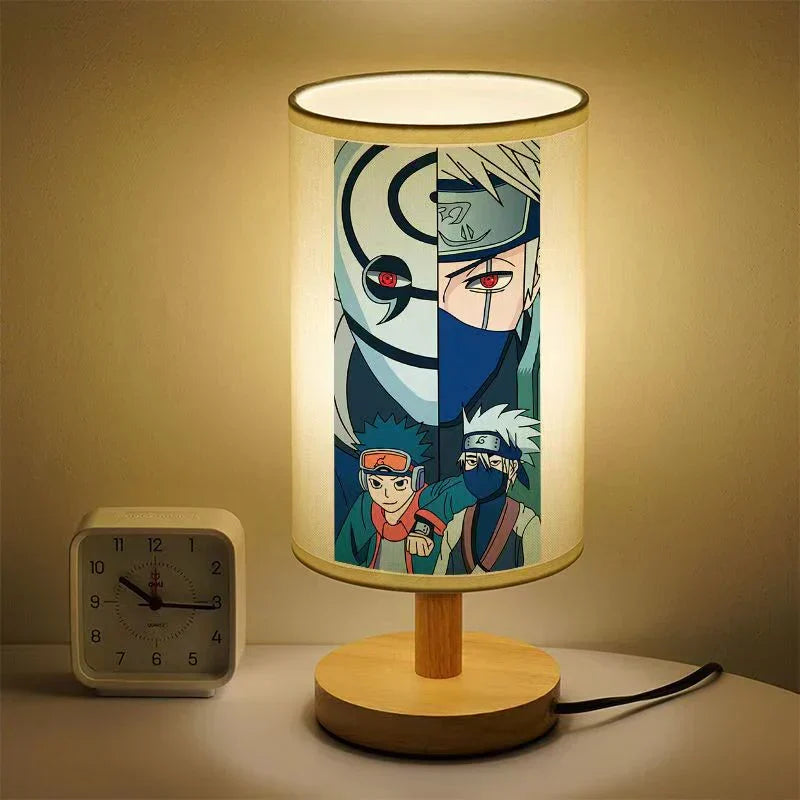 Naruto Anime Table Lamp, Cylindrical Fabric Lampshade Night Light with Solid Wood Base, Anime Character Print Desk Lamp, Bedroom Bedside Decor Lamp, Collectible Gift for Naruto Anime Fans