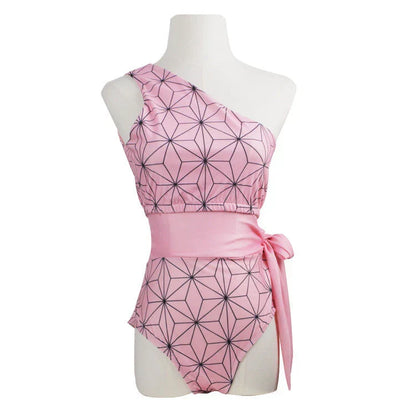Demon Slayer Nezuko Kamado One Piece Swimsuit, Anime Cosplay One Shoulder Bathing Suit, Pink Geometric Pattern Belted Swimwear for Women, Summer Beach Swimming Costume