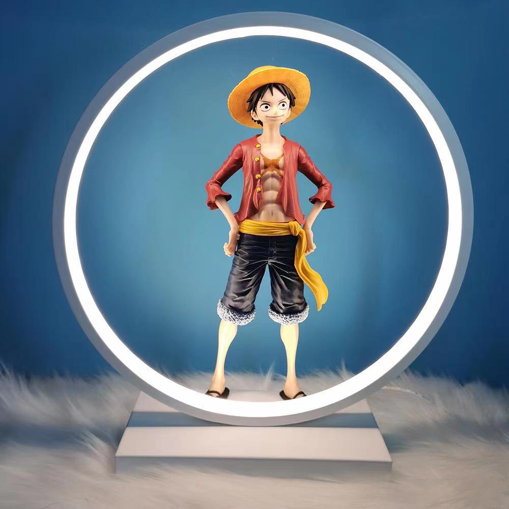 One Piece Luffy Figure with LED Ring Light Display Stand, Anime Monkey D Luffy Statue Model, Night Light Decor, Collectible Figurine, One Piece Merch Gift for Anime Fans