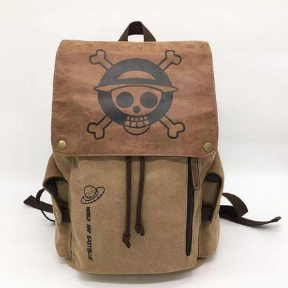 One Piece Straw Hat Pirates Skull Logo Canvas Backpack, Vintage Anime Flap Drawstring Rucksack, Large Capacity School Laptop Bookbag, Casual Travel Daypack, Anime Collectible Gift for One Piece Fans