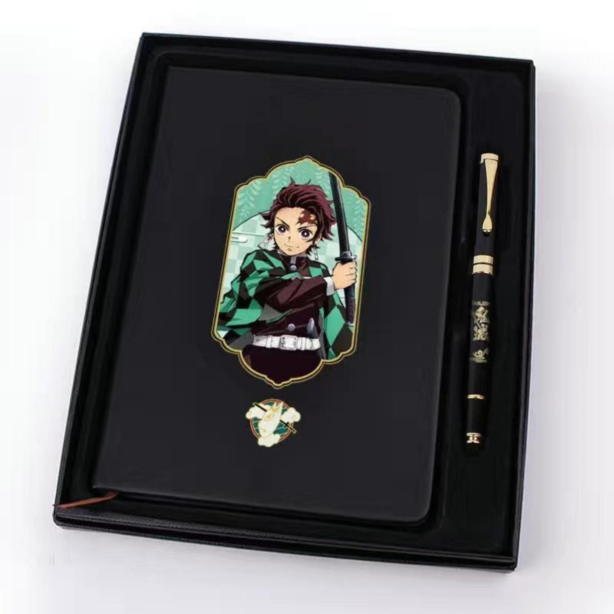 Demon Slayer Anime Notebook & Pen Gift Set, Tanjiro Nezuko Zenitsu Inosuke Character Journal with Metal Badge, Hardcover Writing Notebook Stationery Set, Anime Collectible Gift for Demon Slayer Fans
