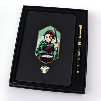 Demon Slayer Anime Notebook & Pen Gift Set, Tanjiro Nezuko Zenitsu Inosuke Character Journal with Metal Badge, Hardcover Writing Notebook Stationery Set, Anime Collectible Gift for Demon Slayer Fans