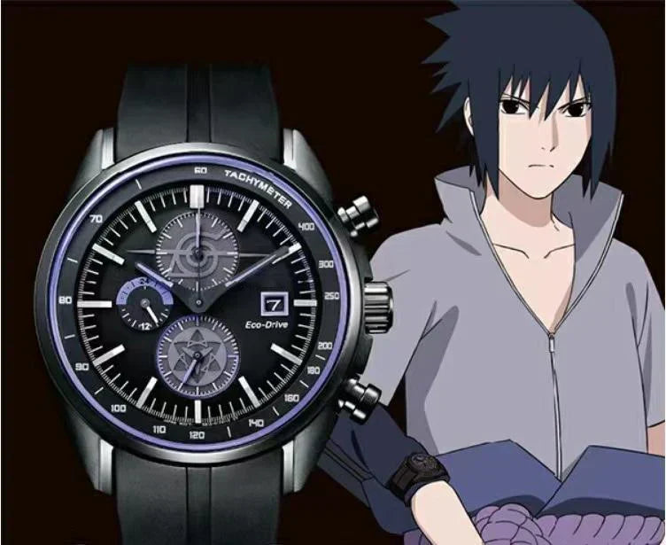 Naruto Uchiha Sasuke Chronograph Wrist Watch, Anime Naruto Sasuke Themed Sports Quartz Watch, Black Case Black Silicone Strap Analog Wristwatch, Anime Collectible Cosplay Accessory Gift for Naruto Fans