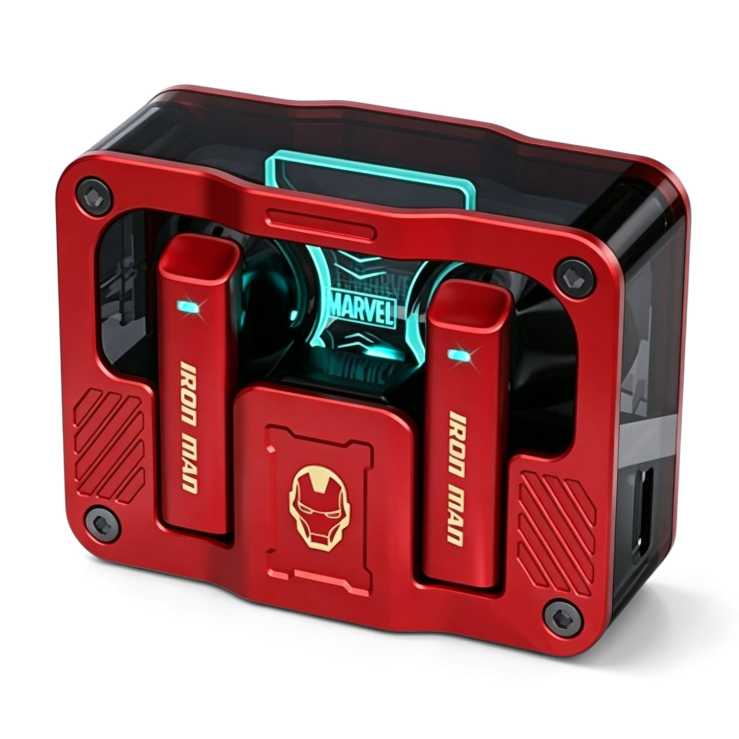 Marvel Iron Man Captain America Black Panther TWS True Wireless Gaming Earbuds, Bluetooth 5.3 Headphones RGB Light Low Latency Touch Control Zinc‑Alloy Transparent Charging Case
