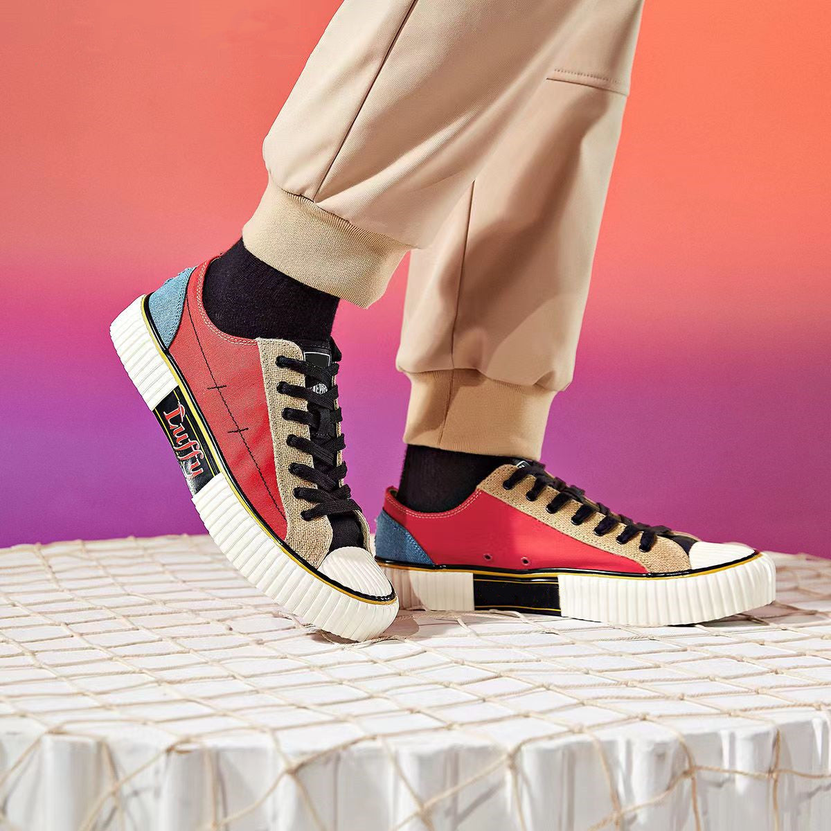 One Piece Luffy Patchwork Low Top Canvas Sneakers, Unisex Lace-Up Cookie Thick Sole Skate Shoes, Color Block Anime Casual Walking Footwear, One Piece Anime Streetwear Sneakers, Anime Fan Collectible Gift