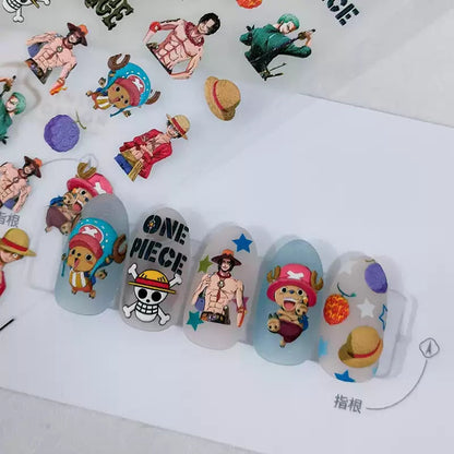 One Piece Anime Nail Stickers, 3D Self-Adhesive One Piece Luffy Zoro Character Nail Decals, Waterproof Cartoon Nail Art Stickers for DIY Nail Decorations, Anime Nail Supplies Gift for One Piece Fans