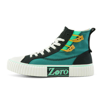 One Piece Zoro High Top Canvas Sneakers, Unisex Lace-Up Thick Ribbed Cookie Sole Skate Shoes, Green Black Anime Casual Footwear, One Piece Anime Streetwear Sneakers, Anime Fan Collectible Gift