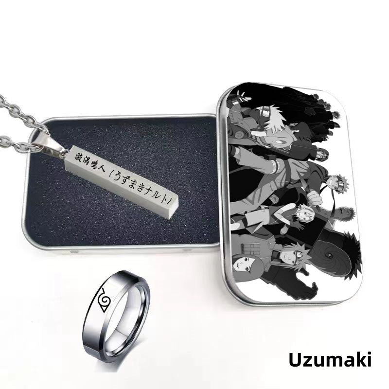 Naruto Uzumaki Anime Jewelry Set, Engraved Name Bar Pendant Necklace + Konoha Symbol Ring, Metal Collectible Gift Box, Anime Cosplay Accessory Gift Set for Naruto Fans