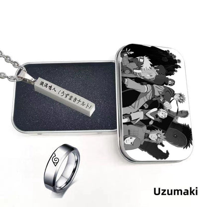 Naruto Uzumaki Anime Jewelry Set, Engraved Name Bar Pendant Necklace + Konoha Symbol Ring, Metal Collectible Gift Box, Anime Cosplay Accessory Gift Set for Naruto Fans