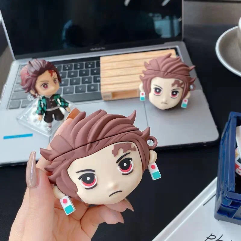 Demon Slayer Anime Airpods Case, Cute 3D Cartoon Silicone Protective Cover for AirPods 1/2, AirPods Pro 1/2, Tanjiro Nezuko Zenitsu Earphone Skin, Shockproof Earbud Case with Keychain, Anime Fan Gift