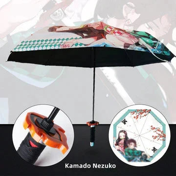 Demon Slayer Anime Katana Sword Umbrella, Nichirin Sword Shape Handle Folding Umbrella, Tanjiro Rengoku Shinobu Giyuu Printed Sun Rain Umbrella, Demon Slayer Merch Cosplay Gift for Anime Fans