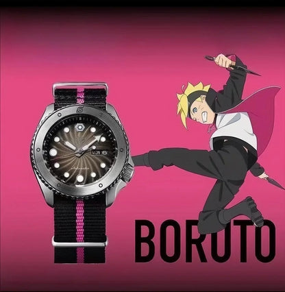 Boruto Naruto Next Generations Boruto Uzumaki Automatic Wrist Watch, Anime Boruto Themed Analog Watch, Black Nylon Strap with Purple Line Sports Wristwatch, Anime Collectible Cosplay Accessory Gift for Naruto Fans