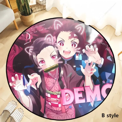 Demon Slayer Round Non-Slip Rug, Kimetsu no Yaiba Anime Character Circular Floor Mat, Soft Decorative Area Rug, Anti-Skid Carpet for Bedroom Living Room Entrance, Anime Merch Gift for Demon Slayer Fans