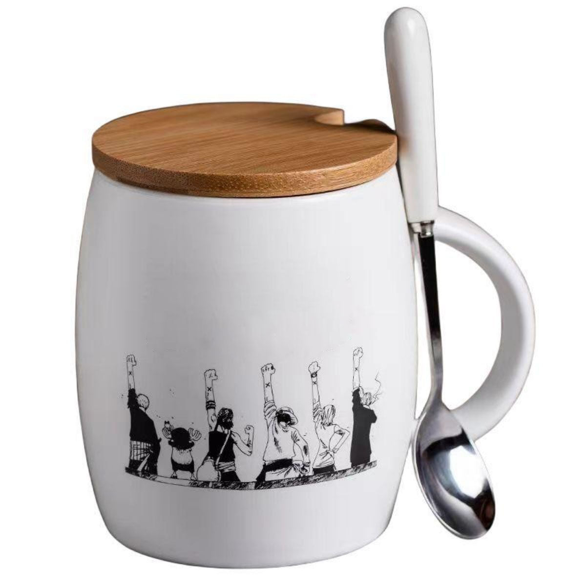 One Piece Anime Manga Panel Ceramic Mug with Bamboo Lid & Spoon, Black White Comic Print Coffee Cup, Large Capacity Drinking Mug, Anime Fan Desktop Decor Collectible Gift for One Piece Fans