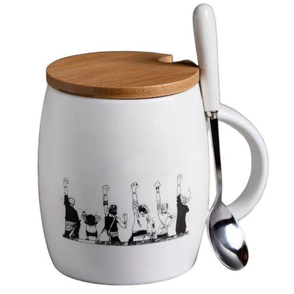 One Piece Anime Manga Panel Ceramic Mug with Bamboo Lid & Spoon, Black White Comic Print Coffee Cup, Large Capacity Drinking Mug, Anime Fan Desktop Decor Collectible Gift for One Piece Fans