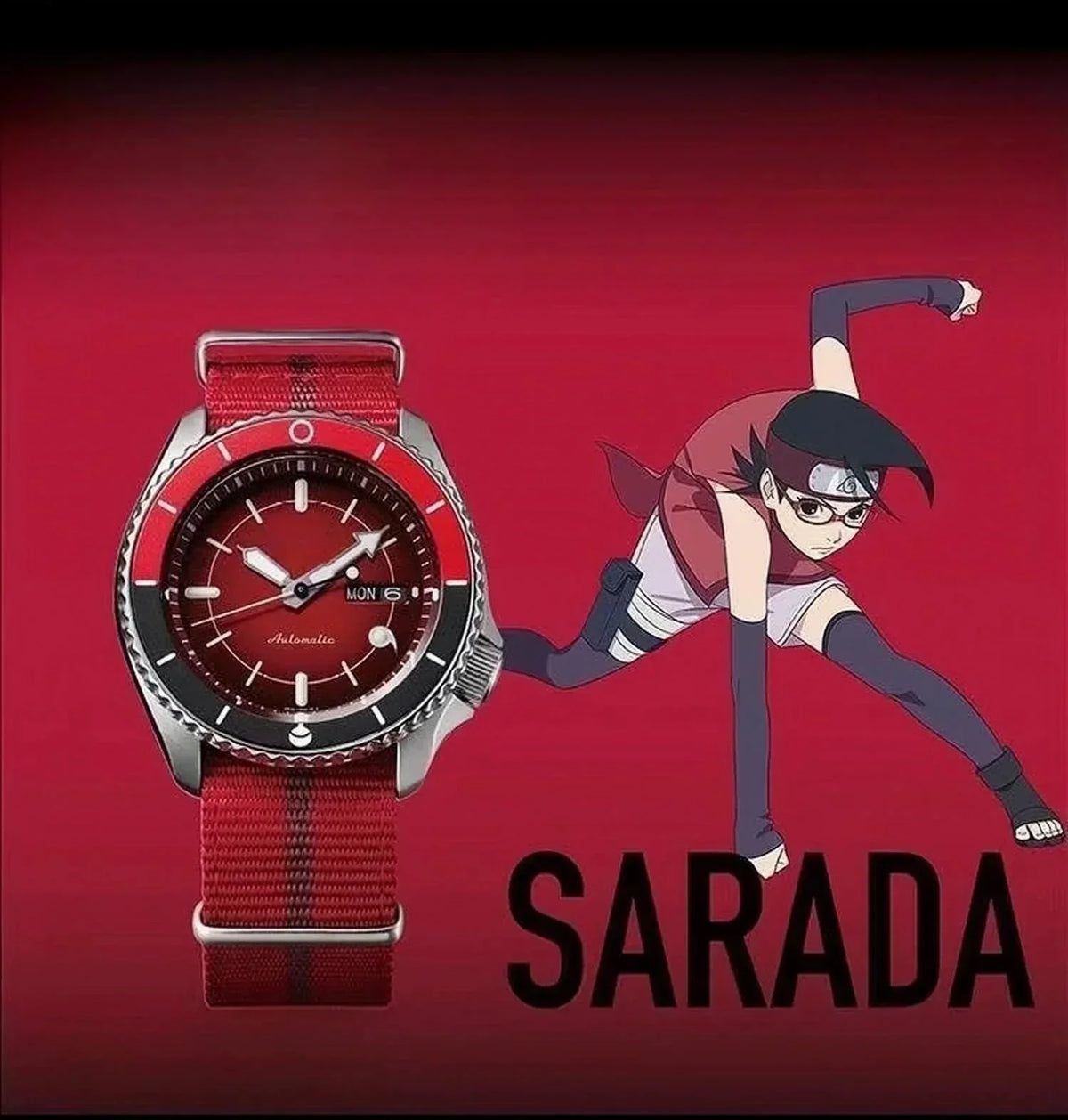 Boruto Naruto Next Generations Sarada Uchiha Wrist Watch, Anime Sarada Themed Automatic Analog Watch, Red Nylon Strap Sports Watch, Anime Collectible Cosplay Accessory Gift for Naruto Fans