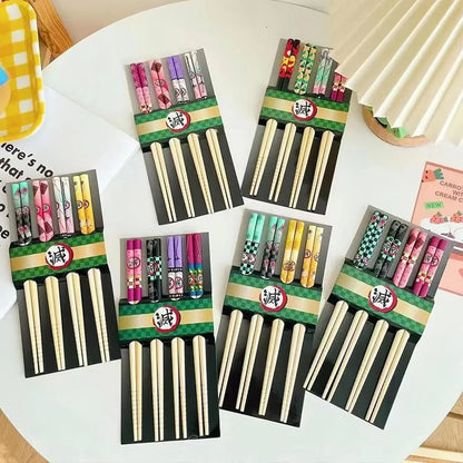 Demon Slayer Anime Bamboo Chopsticks Set, 5 Pairs Reusable Printed Chopsticks, Tanjiro Nezuko Zenitsu Inosuke Pattern Tableware, Japanese Style Dinner Utensils, Anime Fan Gift Pack